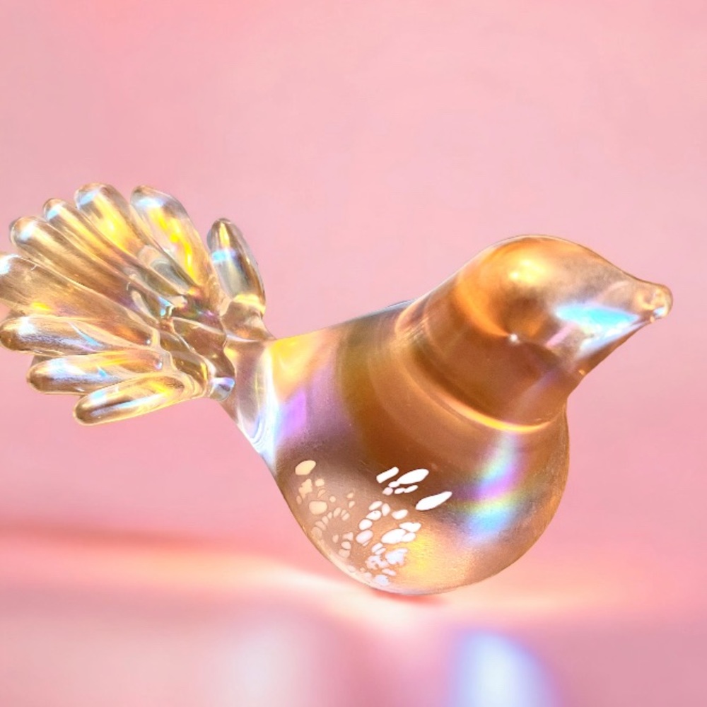 Vintage Silvestri Pink Iridescent Glass Bird Figurine with original stickers